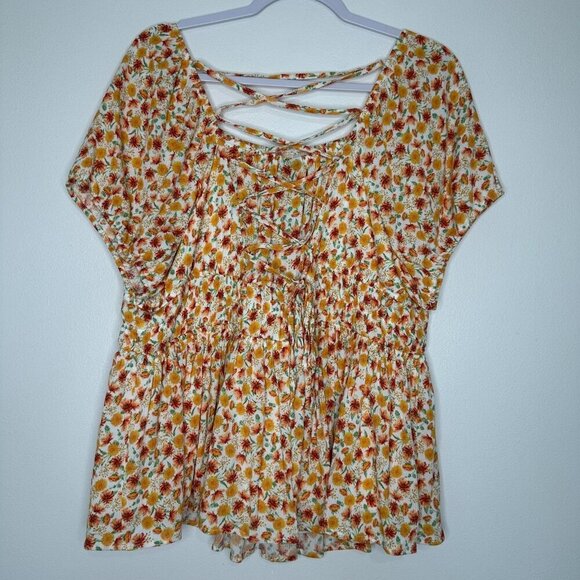 Torrid Babydoll Top 2X Floral Crinkle Gauze Lace up Back - Picture 2 of 11